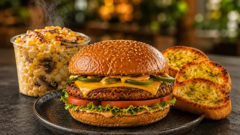 Haida veggie burger with Mexican corn and garlic bread