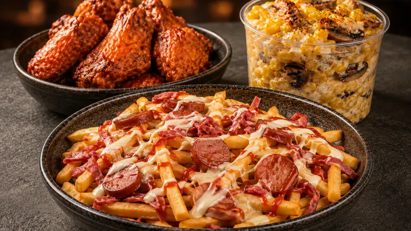 Haida Royal Fries, wings and Mexican corn
