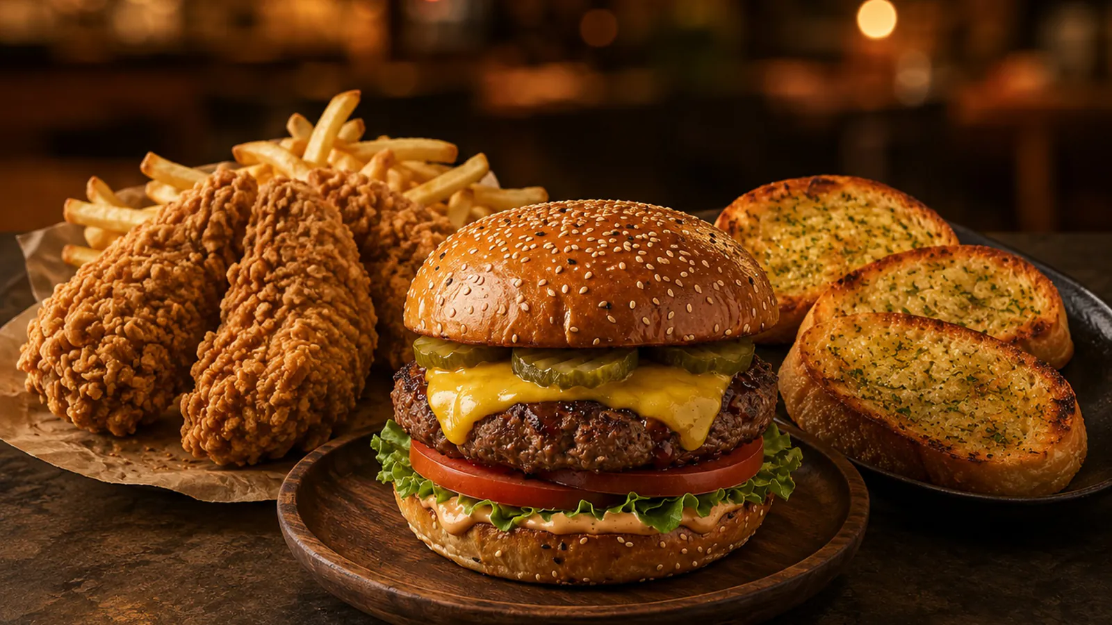 Haida cheeseburger with chicken strips, fries and garlic bread